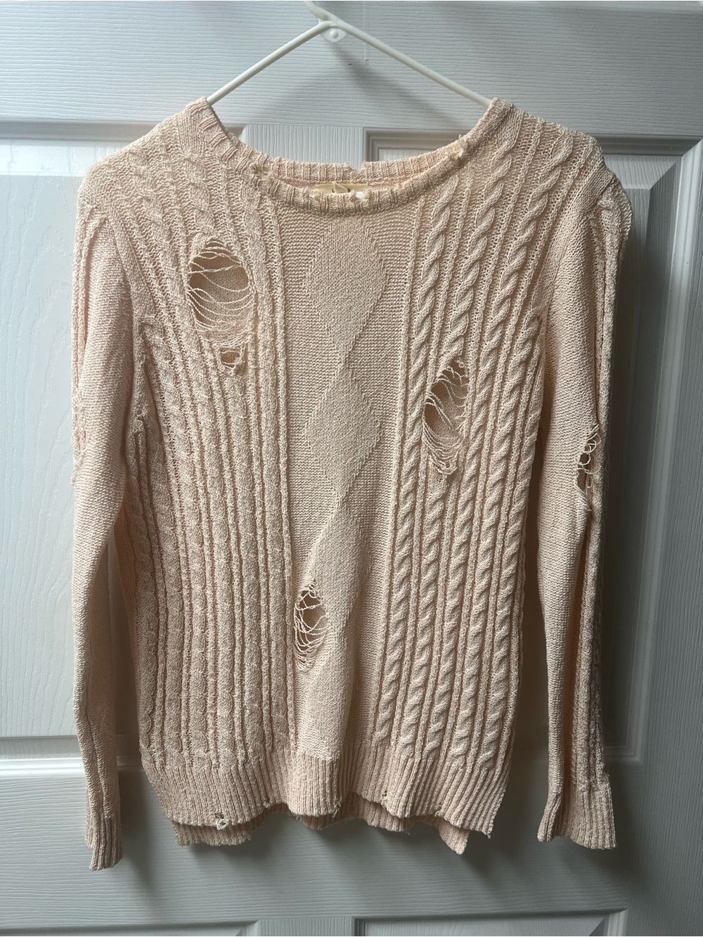 Light Beige Distressed Cable Knit Sweater